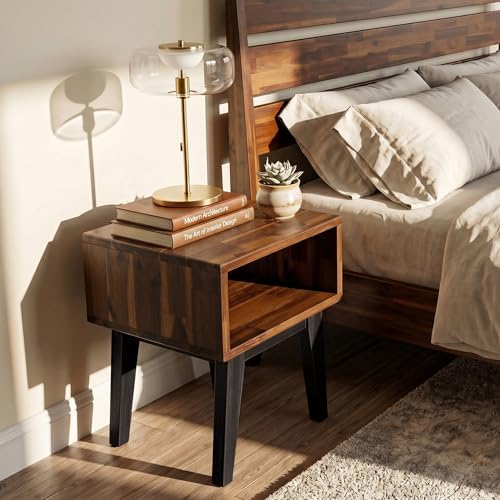 Acacia Serena Nightstand Solid Wood Nightstand with Open Storage Shelf, Wood Bedside Table, Night Stands for Bedroom - Americano
