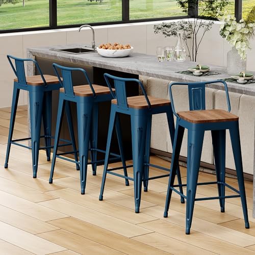 30" Barstools Set of 4 Counter Height Bar Stools Side Chair-Distressed Navy