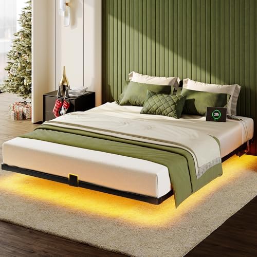 Floating Bed Frame Full Size, Smart LED Lights & Charging Station, 9.45" High Clearance, Mattress Slide Stopper, Noise-Free, No Box Spring Needed, Easy Assembly