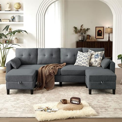 Convertible Sectional Sofa Couch, 101" U Shaped Couch with Storage Chaise and Side Pocket, Modern Polyester 4-Seat Reversible Sofa Set for Living Room, Dark Grey
