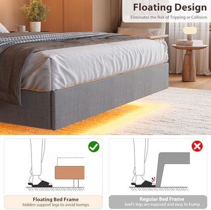 Floating Bed Frame King with Storage Headboard, LED Lights & USB Charging