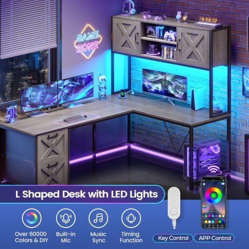 SEDETA Reversible Farmhouse L Shaped Gaming Desk with Drawers, Hutch