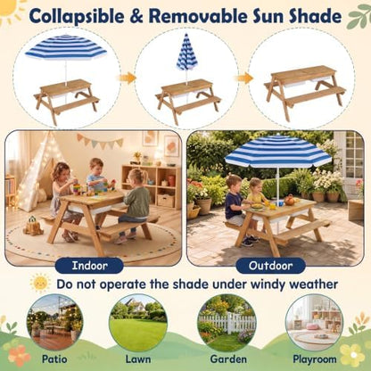 HONEY JOY Kids Picnic Table, 4 in 1 Cedar Wooden Sand & Water Table w/ 3 Removable Box & Umbrella, Kids Picnic Tables for Outdoors Backyard Garden, Toddler Patio Furniture Set for Boys Girls(Navy)