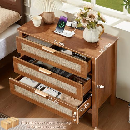LEYAOYAO 31.5" Wide Rattan Nightstands Set of 2 with Charging Station