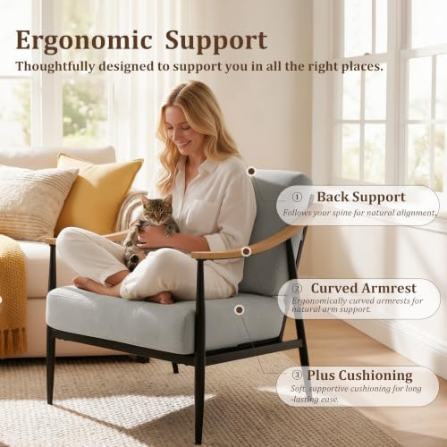 RNKSFX Modern Accent Chair for Living Room Bedroom Mid Century Arm Chair Upholstered Office Accent Chair Comfy Waiting Room Chair with Metal Frame, Grey