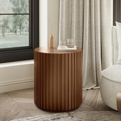 POVISON Round Coffee Side Table, Mid Century Wood End Table, Fluted Side Table for Living Room Bedroom Office, 20.08", Light Walnut