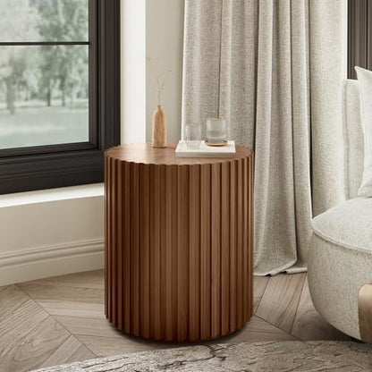 POVISON Round Coffee Side Table, Mid Century Wood End Table, Fluted Side Table for Living Room Bedroom Office, 20.08", Light Walnut