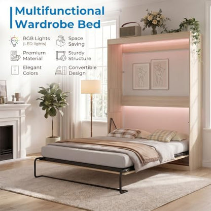 Full Murphy Bed, Cabinet Wall Beds, Modern Vertical Murphy Chest Beds with Durable Gas-Lift, Space-Saving Hidden Cabinet Guest Bed with 16 Colors of LED Lights for Bedroom, Apartment - Wood