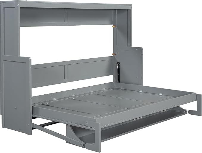 Virubi Full Horizontal Murphy Bed with Desk,Solid Wood Folding Hideaway Murphy Wall Bed for Adult,Guest Room (Grey,Full)