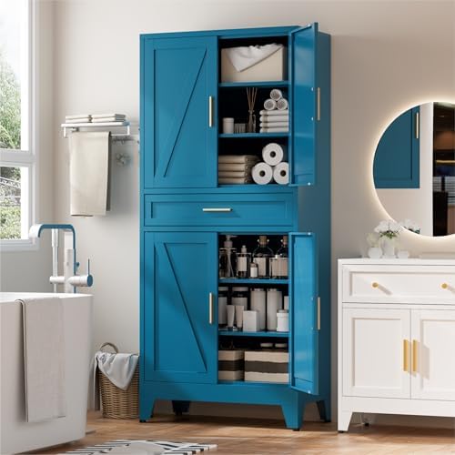 Metal Storage Cabinets with Drawer, 71" Filing Cabinet with 4 Adjustable Shelves & 4 Doors, Modern Abstract Rhombus Geometric Design File Cabinet for Home,Office,Garage,Shop,School, Blue