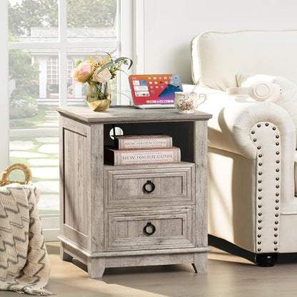 Joaxswe 18" Farmhouse Nightstand with Charging Station & 2 Drawers