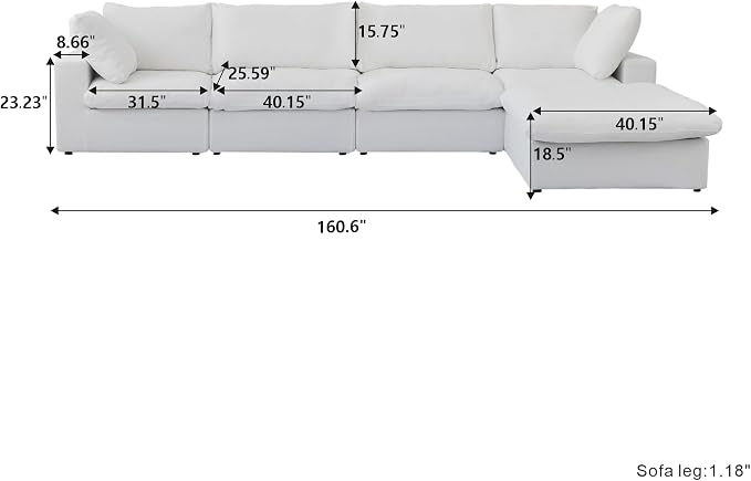 Cloud Modular Sectional Sofa with Storage Ottoman,160.6" Down Filled Comfort L Shaped Sofa Couch for Living Room,Minimalist Wide Deep Seat Convertible Couches,4 Seater and 1ottoman,White