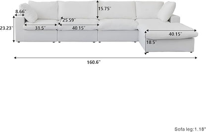 Cloud Modular Sectional Sofa with Storage Ottoman,160.6" Down Filled Comfort L Shaped Sofa Couch for Living Room,Minimalist Wide Deep Seat Convertible Couches,4 Seater and 1ottoman,White