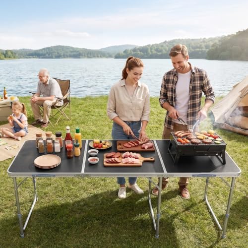 VINGLI 6ft Folding Camping Table with Carry Handle,Portable Utility Table Multipurpose for Party Picnic Tailgating Outdoor Patio Garden Indoor Kitchen …