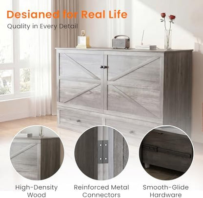 ijuicy Queen Murphy Bed Cabinet with Drawer & Charging Station,Grey