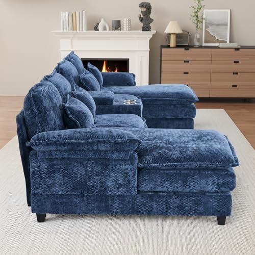 OUYESSIR 132" U Shaped Cloud Sectional Couch with USB Port, Dark Blue