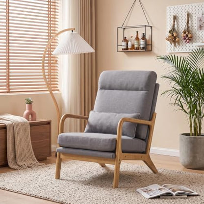 Bonnlo High Back Linen Dark Grey Mid Century Modern Accent Chair, Soild Wood Padding Lounge Armchairs Side Sitting Chairs for Living Room, Bedroom, Guest Room