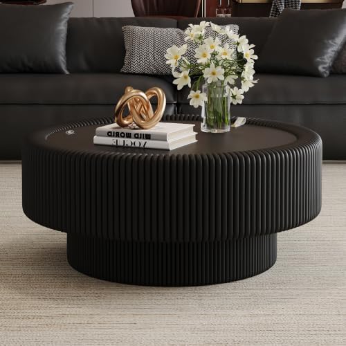 31.5" Black Round Coffee Table with Storage, Tempered Glass Top PU Leather Body & Baked Enamel Base, Modern Minimalist Fluted Circle Center Tables for or Living Room, Bedroom, Apartment