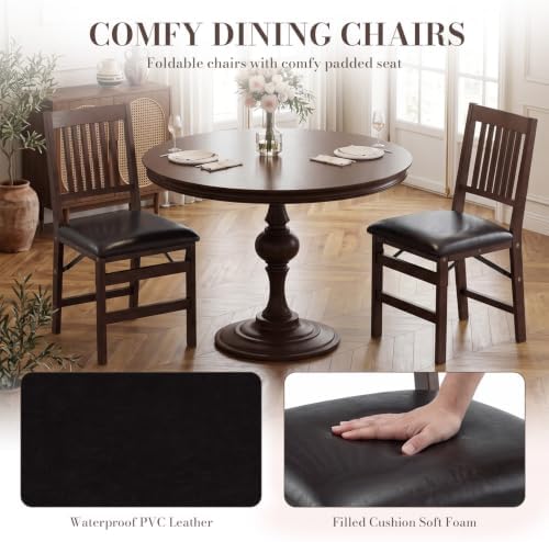 Wooden Folding Dining Chairs Set of 4 with Leather Cushion, Pre‑Assembled