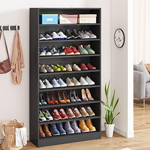 Tribesigns 2PCS Shoe Cabinet, 9 Tiers 40-45 Pairs Heavy Duty Wood Freestanding Shoe Storage Cabinet, 70.8'' Tall Shoe Cabinet with Open Storage for Entryway (Black)