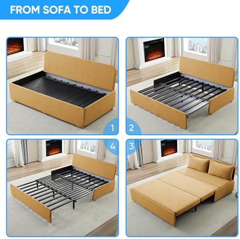 PUREMIND 64" W Queen Sleeper Sofa Bed, 2‑in‑1 Convertible Chair Bed with 3.9‑inch Foldable Pullout Couch for Small Apartments, Dorms and Lofts, Mattress & Pillows Included, No‑Tool Assembly, Yellow