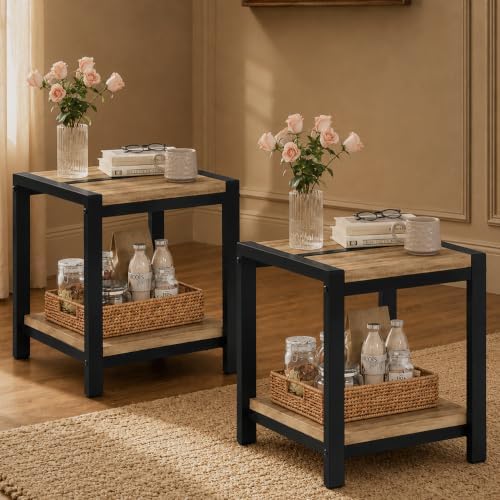 End Table Set of 2, Rustic Farmhouse Side Table with Storage Shelf, Small Square Nightstand for Bedroom, 2 Tier Sofa Accent Table for Living Room, Space Saving (Vintage Oak)