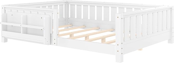 Bellemave White Montessori Floor Bed with Fence and Slats, Full Size Montessori Floor Bed with Bookcase and High Rails, Easy Assemble Bed Frame for Girls, Boys, Full