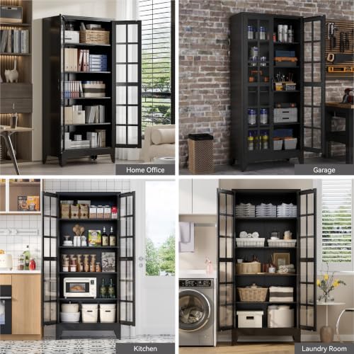 71" Metal Storage Cabinet with 5 Adjustable Shelves, Glass Grid Black