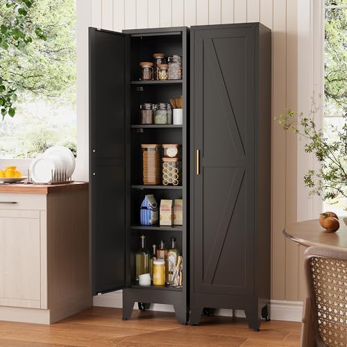 Narrow Bthroom Storage Cabinet Tall Metal Storage Cbinets with 4 Adjustable Shelves Freestanding 5 Tier Slim Pantry Cabinet for Kitchen Office Small Space