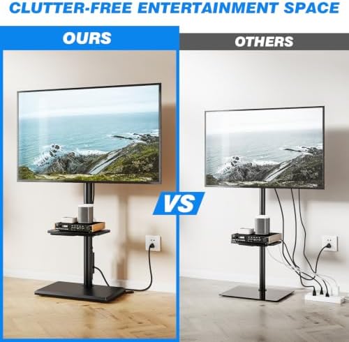 Rfiver Swivel Floor TV Stand with Power Outlet for 32-65 inch TVs, Height Adjustable Tall TV Stand with Wood Base, Saving Space Design for Bedroom, Living Room and Corner