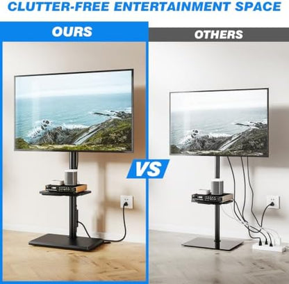 Rfiver Swivel Floor TV Stand with Power Outlet for 32-65 inch TVs, Height Adjustable Tall TV Stand with Wood Base, Saving Space Design for Bedroom, Living Room and Corner