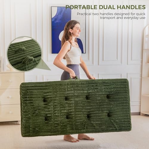 MAXYOYO Folding Sofa Couch Bed, 6 Inch Tri-Fold Floor Sofa Bed, Folding Mattress with Handles, Soft Faux Fur Folding Bed with Supportive Foam Filling, Portable Couch for Living Room, Queen, Dark Green