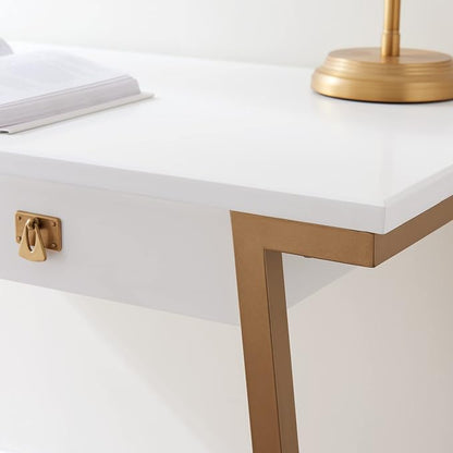 Leick Home 11400-WT Empiria Mixed Metal and Wood Computer Desk with Drop Front Keyboard Drawer, White/Gold