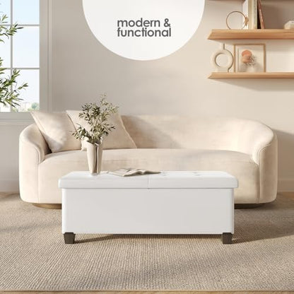 Storage Ottoman Bench with Bins, 43-in Storage Bench for Bedroom End of Bed, Folding Foot Rest Ottoman for Living Room Max 660lbs, Faux Leather Ottomans, Cream