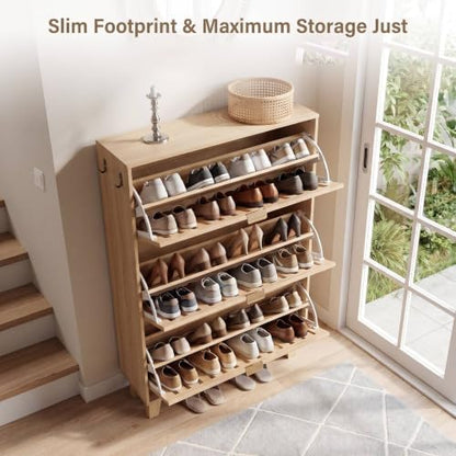 Shoe Cabinet, Slim 3 Flip Drawers for Entryway, Natural