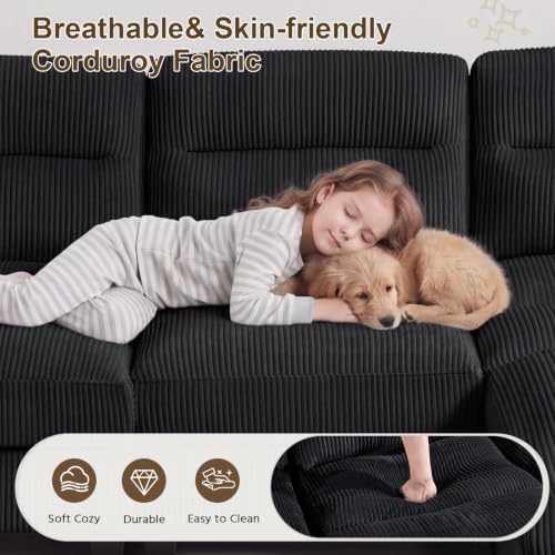 HAOMARKETS 115” Modular Sectional L Shaped Corner Sofa, Corduroy 6-Seater Couches with Thick Cushion for Living Room, Black