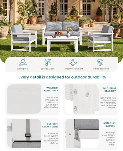 SERWALL 8 Pieces HDPE Outdoor Conversation Sofa Set with Cushion