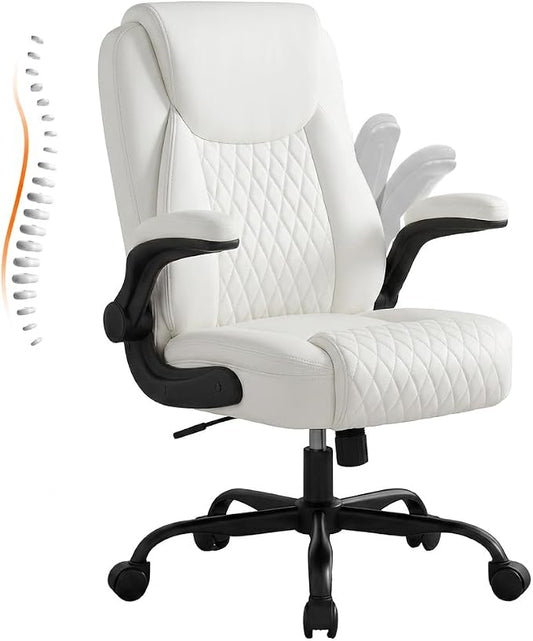 GTPLAYER Leather Office Chair, Home Desk Chair with Flip-up Arms and Ergonomic Back - Comfy Heavy Duty Executive Chair for Home Office Gaming, White