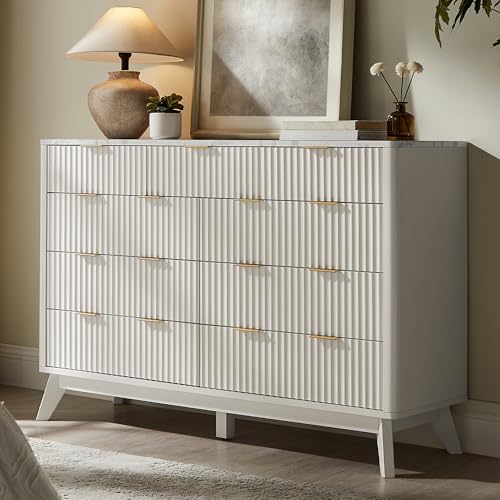 T4TREAM 54" Wide Fluted 9 Drawer Dresser for Bedroom, Solid White