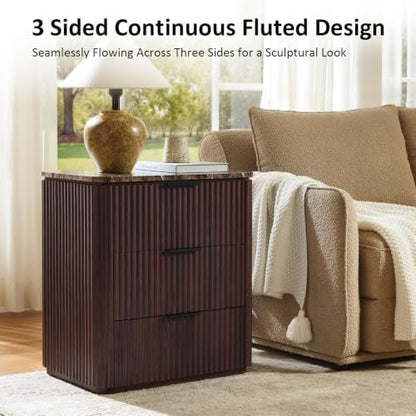 Curved Fluted Nightstand Set of 2, Faux Marble Top, Dark Oak