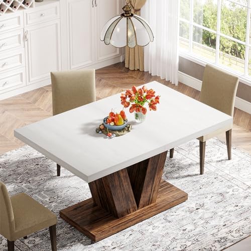 Tribesigns 47-Inch Dining Table for 4, White Kitchen Dinner Table with Heavy Duty Pedestal, Farmhouse Wooden Eating Table for Home, Dining Room, Small Space, White & Brown