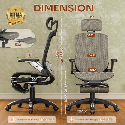 Ergonomic Office Chair with Footrest – High Back Executive Mesh Desk Chair for Corporate & Home, 135° Recline Task Computer Chair with Flip-Up Arms, Wide Seat, Class-4 Cylinder, 300 LBS - GY01BC-FT