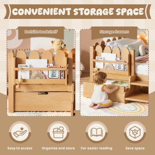 Bellemave Full Size Platform Bed with Storage Drawers & Bookshelf for Boys Girls, Kids Full Bed Frame with LED Lights & Stairs for Children's Room, Natural
