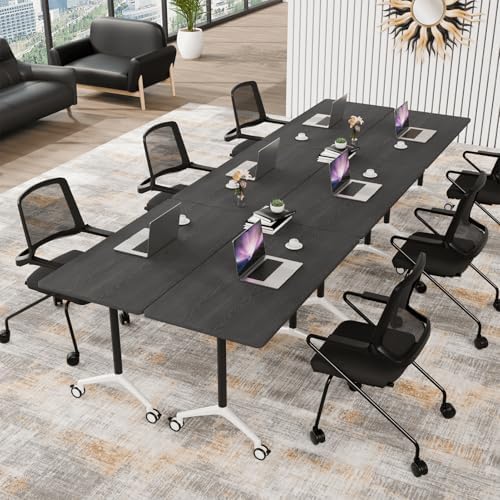 Conference Table, Folding Conference Room Tables on Wheels, Modern Meeting Seminar Table Computer Desk, Boardroom Desk for Office Meeting Conference Room,White,8 Pack 63inch