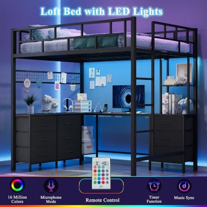 Full Size Loft Bed with Desk and 9 Storage Drawers, Black