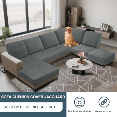 UNBBRRL Seat Cushion Cover and Back Covers for Corner Sofa Stretch Jacquard, Non Slip L Shaped Sofa Slipcover with Storage Ottoman, Sectional Couch Cover for Chaise Lounge (Light Gray,16 x 30 x 6”)