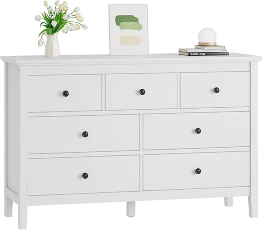 CARPETNAL White Dresser for Bedroom, 7 Drawer Dresser with Wide Drawers and Metal Handles, Wood Dressers & Chests of Drawers for Hallyway, Entryway