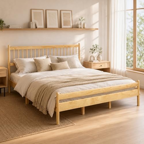PVWIIK King Size Bed Frame with Headboard&Footboard,Natural