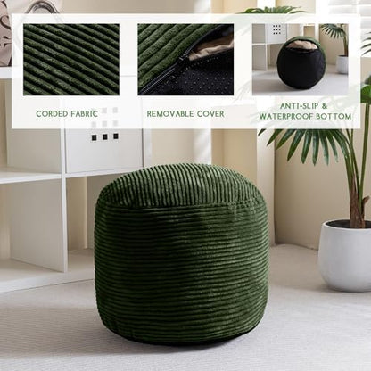 HIGOGOGO Round Stuffed Pouf Ottoman, Corduroy Poufs with Foam Chunk Filling, Furry and Fluffy Pouf Foot Stool Storage Ottoman, 26 X 18 Floor Poufs Foot Rest for Living Room, Dark Green