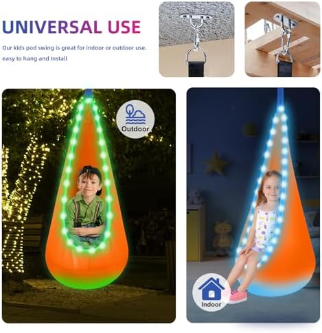 Light Up Kids Pod Swing, Indoor Outdoor Hammock Seat w/ LED Lights,Orange